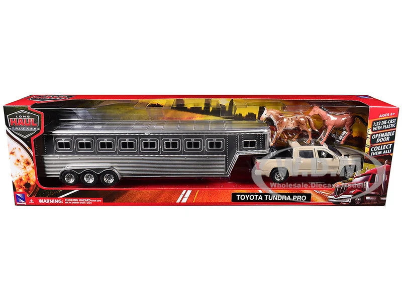 Toyota Tundra Pro Pickup Truck Beige with Horse Trailer Chrome and Horse Figures "Long Haul Truckers" Series 1/32 Diecast Model by New Ray - Toyota Models