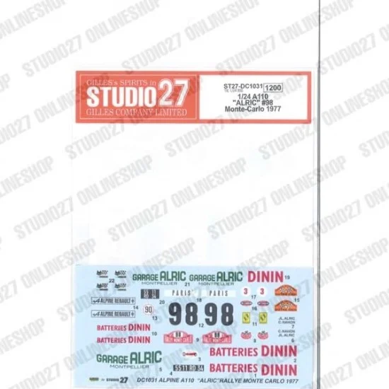 Studio27 DC1031 1/24 A110 'ALRIC' #98 Monte-Carlo 1977 Decal for Tamiya kit #24278