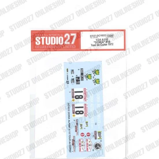 Studio27 DC1032 1/24 A110 'DORIA' #18 Tour de Corse 1972 Decal for Tamiya kit #24278 - Model Cars