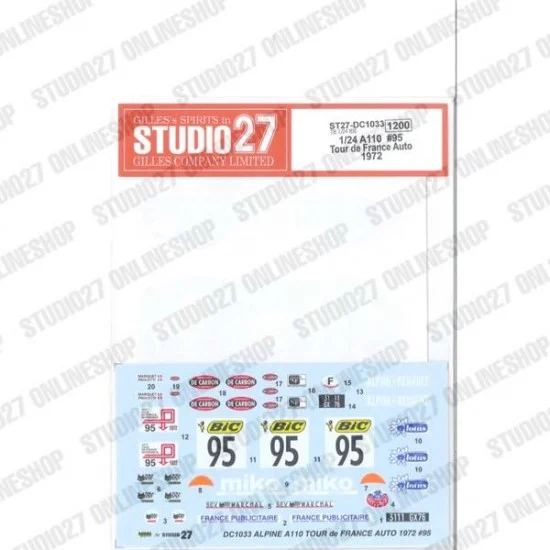 Studio27 DC1033 1/24 A110 #95 Tour de France Auto 1972 Decal for Tamiya kit #24278 - Model Cars