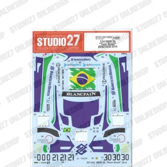 Studio27 DC1052 1/24 BMW Z4 'Team Brasil' #0/#21/#30 2014 Decal for Fujimi kit #125930 - Model Cars