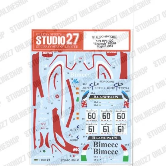 Studio27 DC1060 1/24 MP4-12C 'Bhaitech' #60/61 Nogaro 2014 Decal for Fujimi #170008