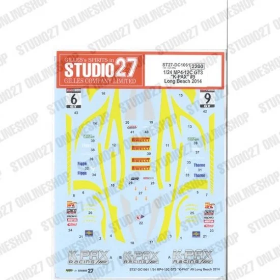 Studio27 DC1061 1/24 MP4-12C GT3 'K-PAX' #9 Long Beach 2014 Decal for Fujimi #170008
