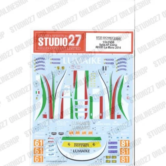 Studio27 DC1063 1/24 F458 Italia AF Corse #61/81 Le Mans 2014 Decal for TK2463 - Model Cars