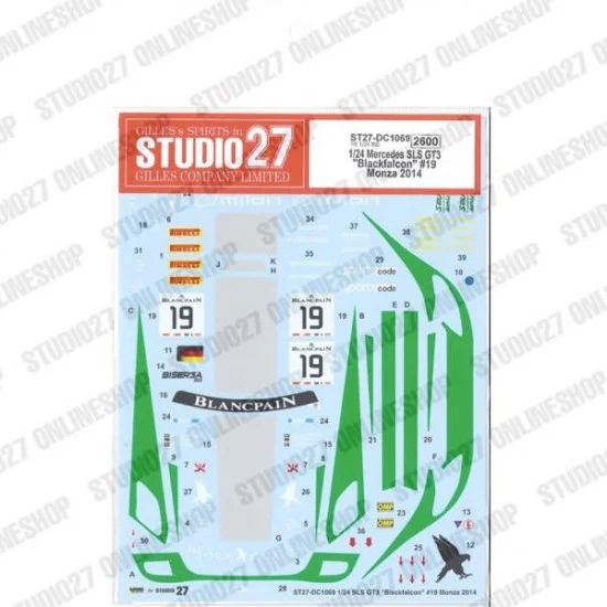 Studio27 DC1069 1/24 Mercedes SLS GT3 'Blackfalcon' #19 Monza 2014 Decal for Fujimi #123929 - Model Cars
