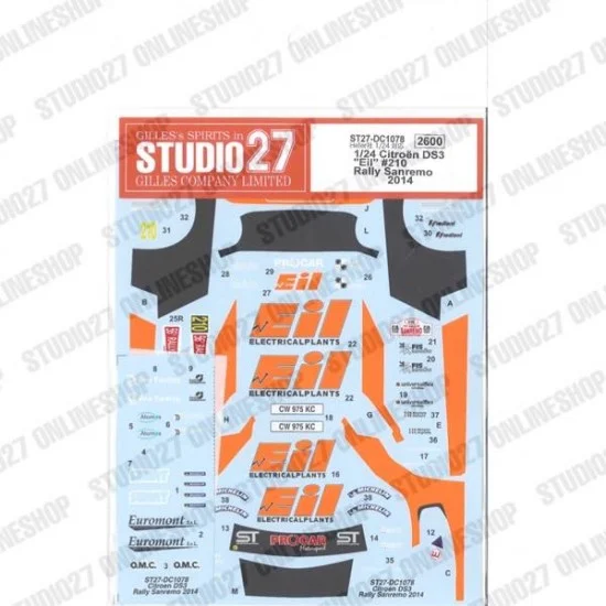 Studio27 DC1078 1/24 Citroen DS3 'Eil' #210 Rally Sanremo 2014 Decal for Heller #80757 - Model Cars
