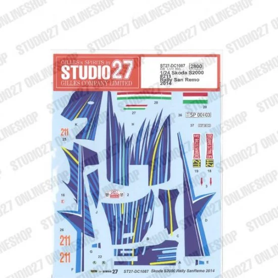 Studio27 DC1087 1/24 Skoda S2000 #211 Rally San Remo 2014 Decal for Bel-004