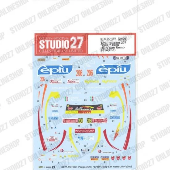 Studio27 DC1088 1/24 207 'EPIU' #206 Rally San Remo 2nd 2014 Decal for Bel-001