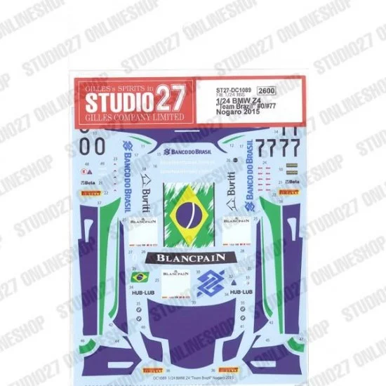 Studio27 DC1089 1/24 BMW Z4 'Team Brazil' #0/#77 Nogaro 2015 Decal for Fujimi #125930 - Model Cars