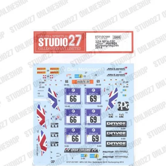 Studio27 DC1091 1/24 MP4-12C 'Dorr' Nur24H 2014 Decal for Fujimi #170008