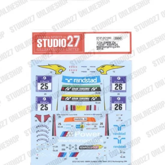 Studio27 DC1093 1/24 BMW Z4 'VDS' Nur24H 2014 Decal for Fujimi #125930 - Model Cars