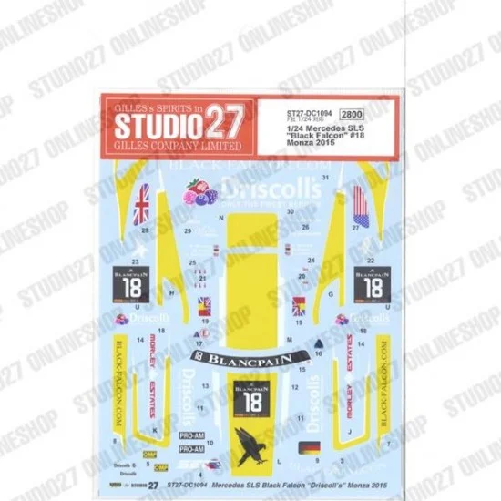 Studio27 DC1094 1/24 Mercedes SLS 'Black Falcon' #18 Monza 2015 Decal for Fujimi #123929 - Model Cars