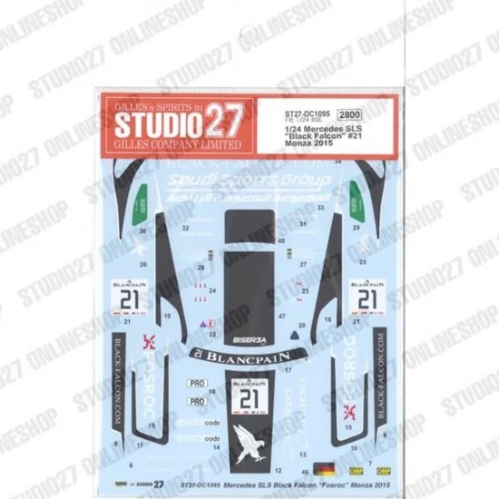 Studio27 DC1095 1/24 Mercedes SLS 'Black Falcon' #21 Monza 2015 Decal for Fujimi #123929 - Model Cars