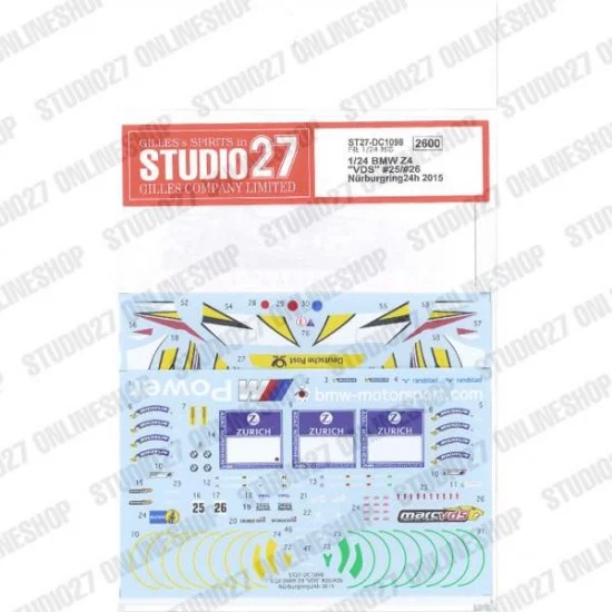 Studio27 DC1098 1/24 BMW Z4 'VDS' #25/#26 Nurburgring24h 2015 Decal for Fujimi #125930 - Model Cars