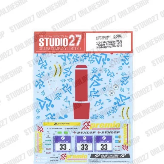 Studio27 DC1101 1/24 Mercedes SLS 'Team Premio' #33 Nurburgring24h 2015 Decal for Fujimi #125657 - Model Cars