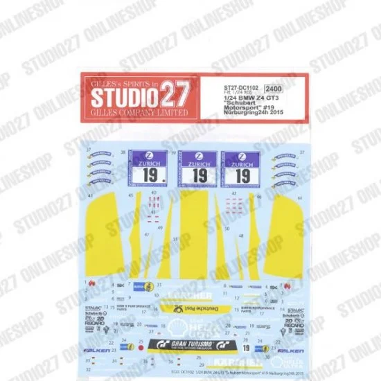 Studio27 DC1102 1/24 BMW Z4 GT3 'Schubert Motorsport' #19 Nurburgring24h 2015 Decal for Fujimi #125930 - Model Cars