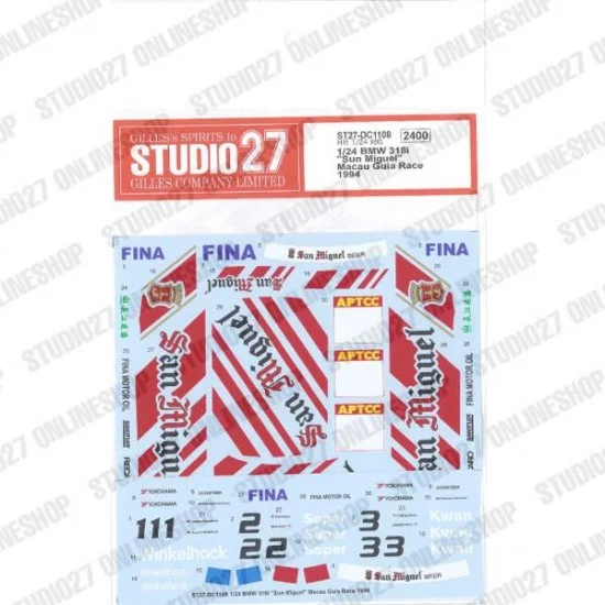Studio27 DC1108 1/24 BMW 318i 'Sun Miguel' Macau Guia Race 1994 Decal for Hasegawa kits - Model Cars