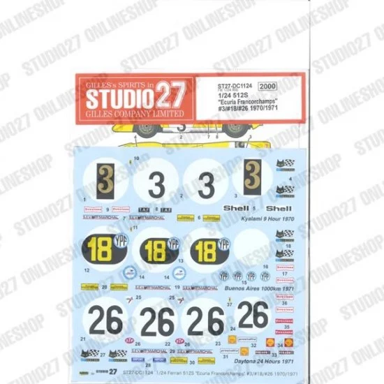 Studio27 DC1124 1/24 Ferrari 512S 'Ecuria Francorchamps' #3/#18/#26 1970/1971 Decal for Fujimi kits - Model Cars