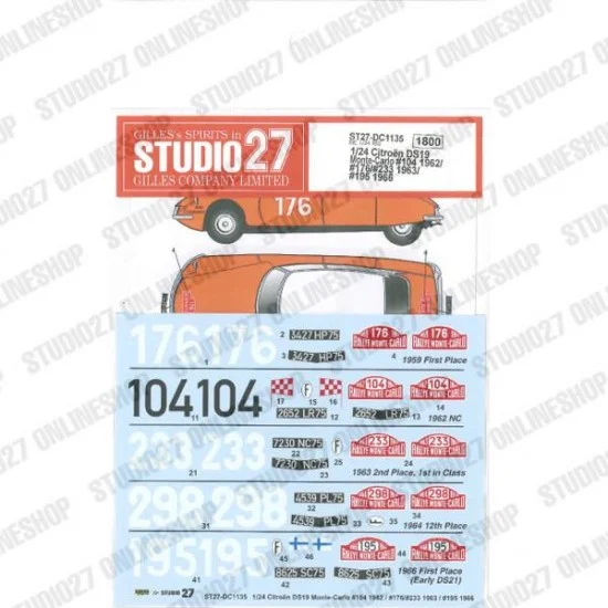 Studio27 DC1135 1/24 Citroen DS19 Monte-Carlo #104 1962/#176#233 1963/#195 1966 Decal for EBBRO #25005