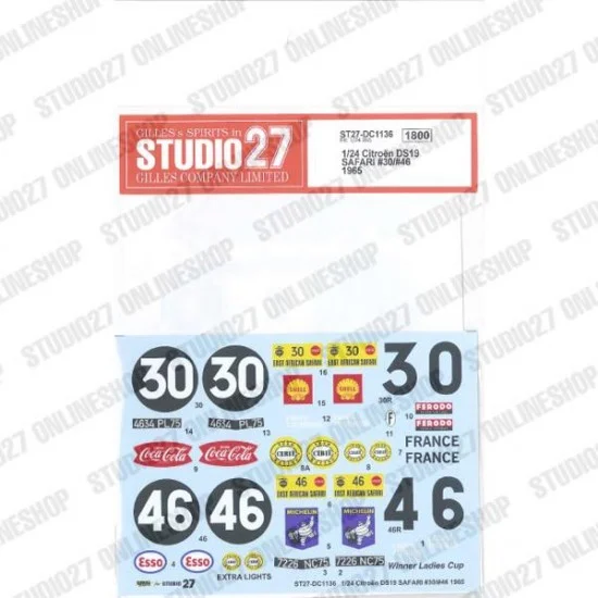 Studio27 DC1136 1/24 Citroen DS19 SAFARI #30/#46 1965 Decal for EBBRO #25005 - Model Cars