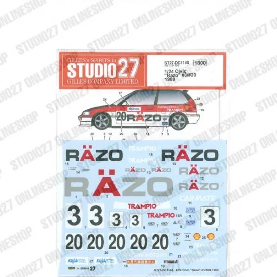 Studio27 DC1148 1/24 Civic 'Razo' #3/#20 1989 Decal for Aoshima #B24005 - Model Cars