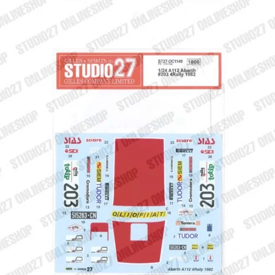Studio27 DC1149 1/24 Autobianchi A112 Abarth #203 4 Rally 1982 Decal for Fujimi kits - Model Cars