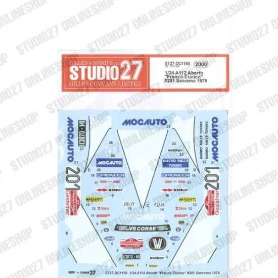 Studio27 DC1150 1/24 A112 Abarth 'Franco Cunico' #201 Sanremo Decal 1979 for Fujimi kits - Model Cars
