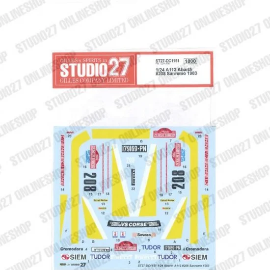 Studio27 DC1151 1/24 A112 Abarth #208 Sanremo 1983 Decal for Fujimi kits - Model Cars