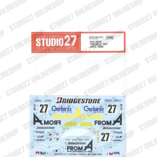 Studio27 DC1171 1/24 962C ''FROM A'' #27 JSPC 1988 Decal for Hasegawa kit - Model Cars