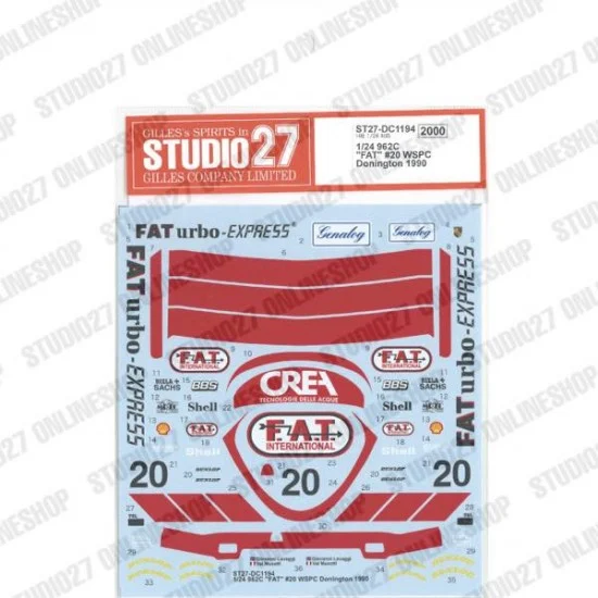 Studio27 DC1194 1/24 962C 'FAT' #20 WSPC Donington 1990 Decal for Hasegawa kits - Model Cars