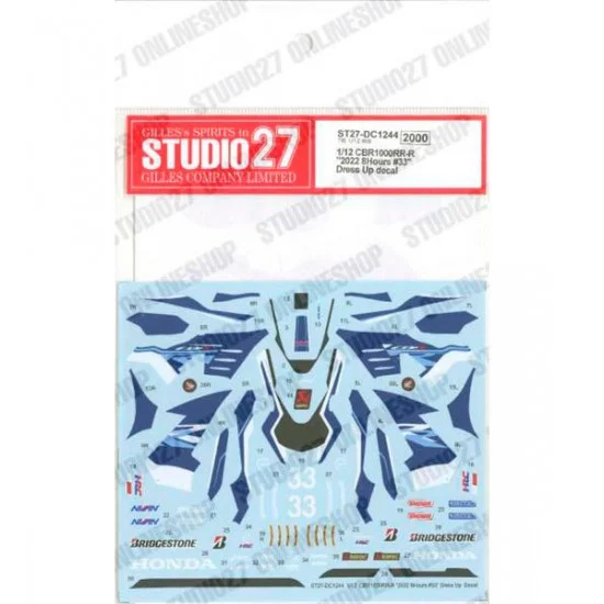 Studio27 DC1244 1/12 CBR1000RR-R '2022 8Hours #33' Dress Up Decal for Tamiya kits