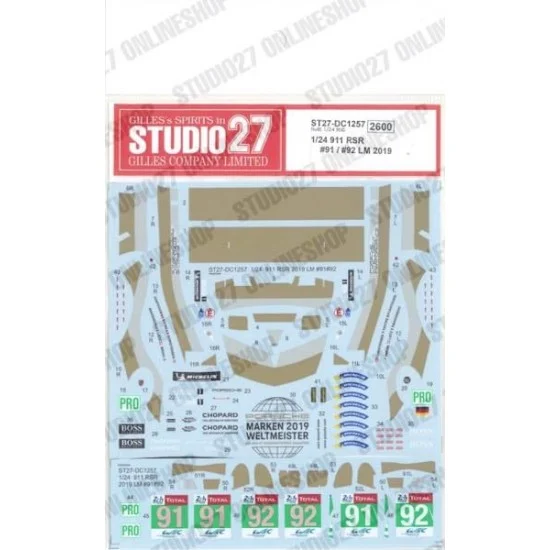 Studio27 DC1257 1/24 Porsche 911 RSR #91/#92 LM 2019 Decal for NuNu kits - Model Cars