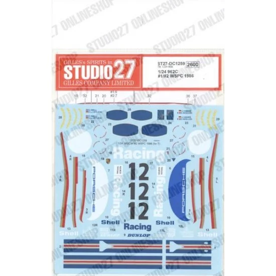Studio27 DC1259 1/24 Porsche 962C #1/2 WSPC 1986 Decals for Tamiya kits - Model Cars