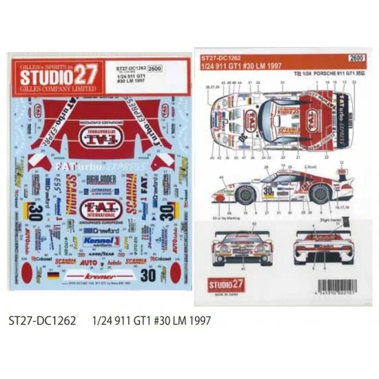 Studio27 DC1262 1/24 Porsche 911 GT1 #30 LM (1997) Decal for Tamiya kits - Model Cars