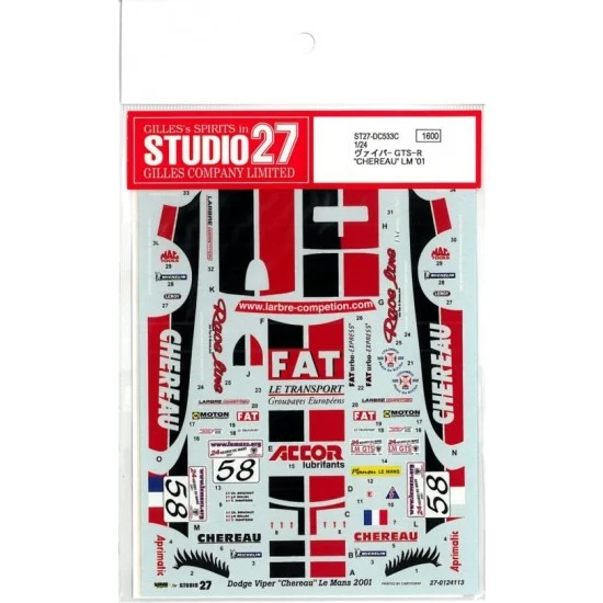 Studio27 DC533 1/24 Viper GTS-R Chereau LM 2001 Decals