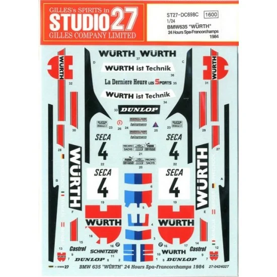 Studio27 DC698 1/24 BMW 635CSi Wurth #4 24 Hrs. Spa 1984 Decals - Model Cars