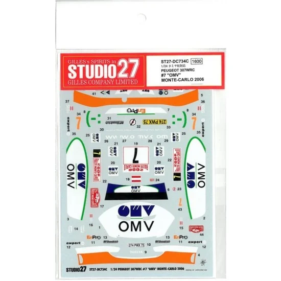 Studio27 DC734 1/24 Peugeot 307WRC #7 "OMV" MONTE-CARLO 2006 Decals for Tamiya kit