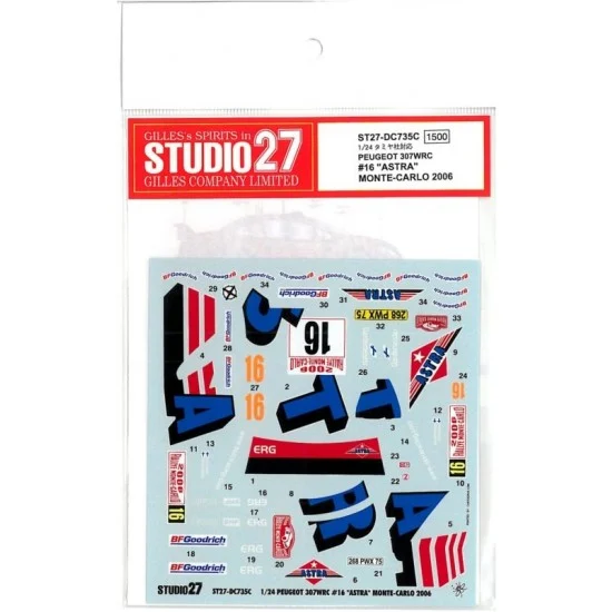 Studio27 DC735 1/24 Peugeot 307WRC #16 "ASTRA" MONTE-CARLO 2006 Decals for Tamiya kit