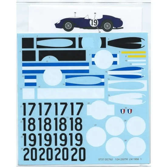 Studio27 DC762 1/24 Car Number & Stripe Decals for Ferrari 250TR LM 1958 Part 1 (#17, 18, 19 & 20) - Model Cars
