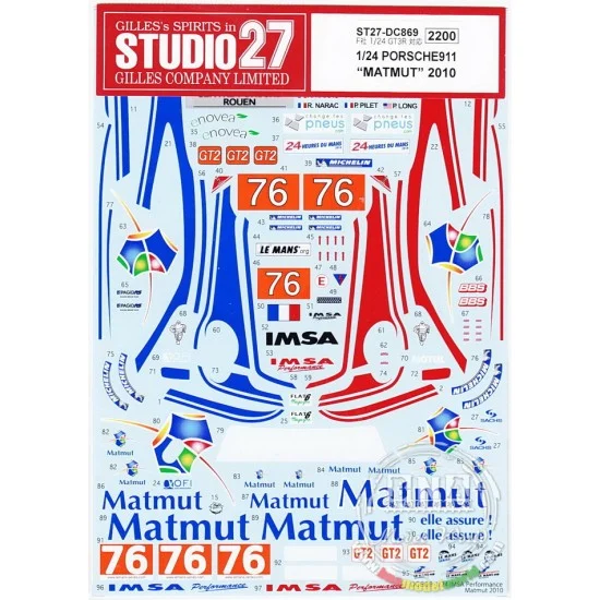 Studio27 DC869 Decals for 1/24 Porsche 911 GT3R "Matmut" #76 IMSA 2010 for Fujimi kit #123905 - Model Cars