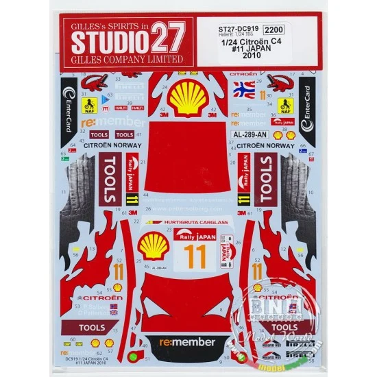 Studio27 DC919 1/24 Citroen C4 WRC #11 Japan 2010 Decals for Heller kit - Model Cars