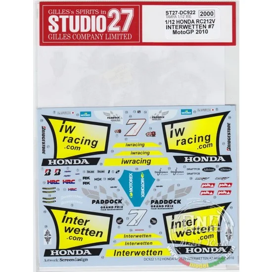 Studio27 DC922 1/12 Honda RC212V "Interwetten" #7 MotoGp 2010 Decals for Tamiya kit #14106 - Model Motorcycles