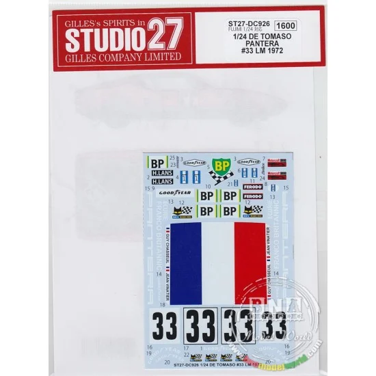 Studio27 DC926 1/24 De Tomaso Pantera Societe Franco-Brittanic #33 LM 1972 Decals for Fujimi