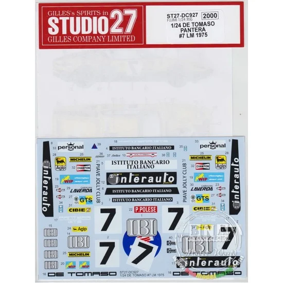 Studio27 DC927 1/24 De Tomaso Pantera Beurlys International Auto #7 LM 1975 Decals for Fujimi - Model Cars