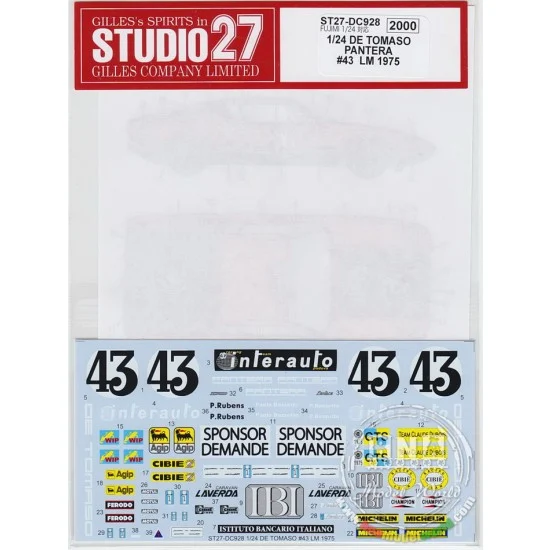 Studio27 DC928 1/24 De Tomaso Pantera Claude Dubois #43 Le Mans 1975 Decals for Fujimi #125534 - Model Cars