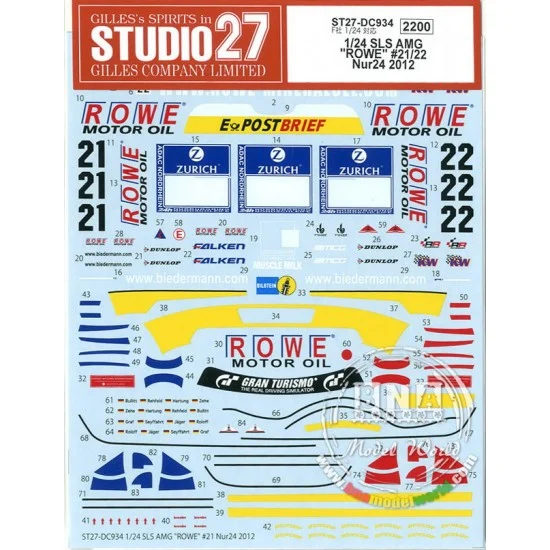 Studio27 DC934 1/24 SLS AMG "ROWE" #21/22 Nur24 2012 Decals for Fujimi kit #132929 - Model Cars