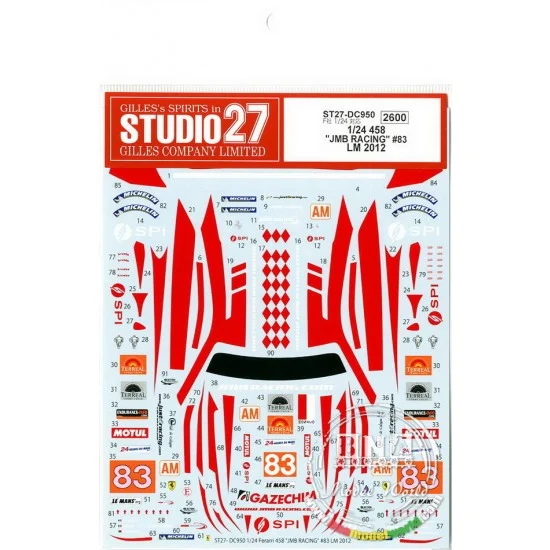 Studio27 DC950 1/24 Ferrari 458 "JMB Racing" #83 Le Mans (LM) 2012 Decals for Fujimi #123912 kit - Model Cars