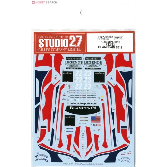 Studio27 DC962 1/24 McLaren MP4-12C GT3 #22/23 Blancpain Endurance Series 2012 Decals for Fujimi kit