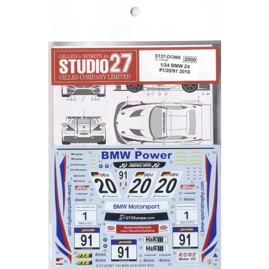 Studio27 DC966 1/24 BMW Z4 GT3 #1/#20/#91 2010 Decals (for Fujimi #125565 kit) - Model Cars