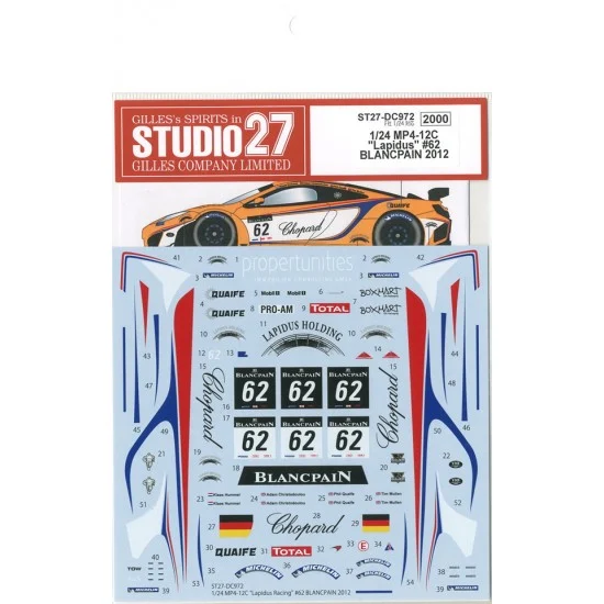 Studio27 DC972 1/24 McLaren MP4-12C GT3 "Lapidus Racing" #62 Blancpain 2012 Decals (for Fujimi kit)